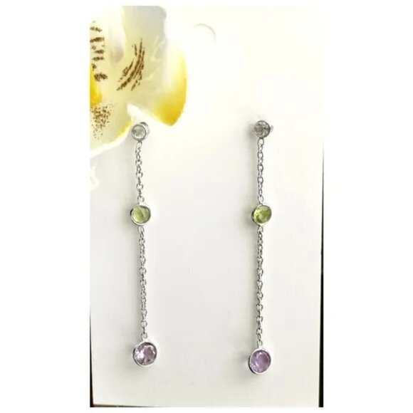 Nwt Sterling silver three gemstone dangle earrings Topaz Peridot Amethyst - Picture 6 of 6